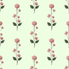 Seamless pattern with pink wildflowers on a green background