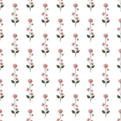 Seamless pattern with pink wildflowers on a white background