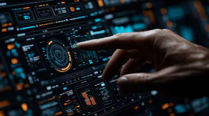 Obraz premium Expert using touch screen interface to analyze complex data in a