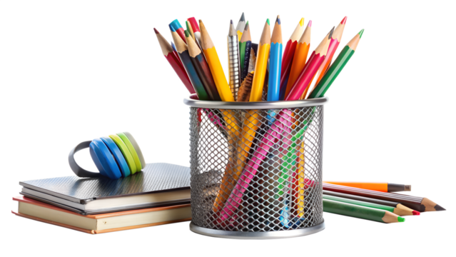 Colorful pencils in metal holder with notebooks and stationery isolated on transparent background, perfect for school, art, or creative projects