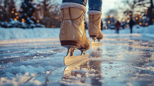 Skating on a frozen lake during sunset in a winter park with twi