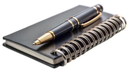 Elegant black pen resting on a notebook with a spiral binding isolated on transparent background, symbolizing writing and organization