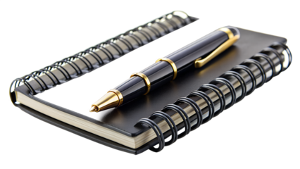 Elegant black and gold pen resting on a spiral notebook isolated on transparent background, creating a sophisticated and professional stationery composition
