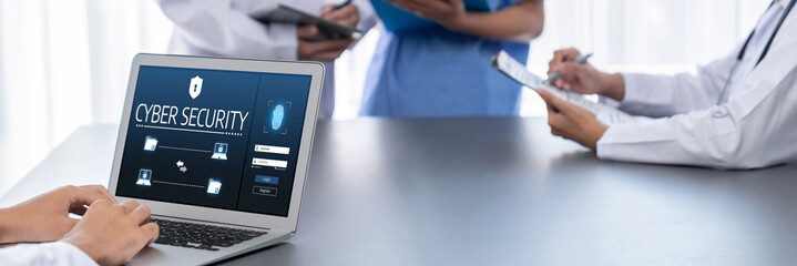 Cyber security system on computer screen protect private information brisk from hacker and cyber attack