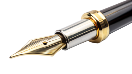 Closeup of a fountain pen nib isolated on transparent background, showcasing its intricate design and craftsmanship for writing and calligraphy purposes