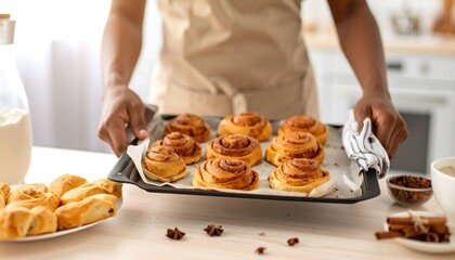 Person holding a baking sheet of cinnamon rolls