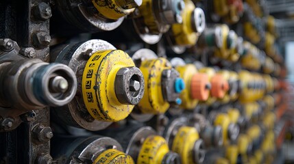 Obraz premium Intricate industrial machinery close up with yellow components and metallic textures