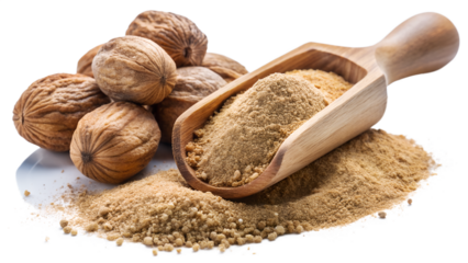 Nutmeg spice with wooden scoop isolated on transparent background aromatic ingredient for culinary and baking flavorful seasoning for desserts and savory dishes