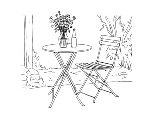 Elegant Outdoor Still Life Featuring Flowers in a Vase, a Bottle, a Bistro Table, and a Folding Chair