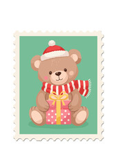 Naklejka premium christmas teddy bear, cute teddy bear, santa hat bear, holiday teddy, christmas gift, teddy with present, festive teddy, christmas illustration, holiday bear, adorable teddy, christmas stamp, festive 