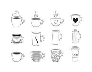 Obraz premium Coffee Collection Charming Array of Mugs Featuring Hearts Swirls and Classic Designs for Beverage Enthusiasts