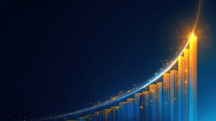 Abstract financial chart with upward trending arrow and bar graph showing business success on dark blue
