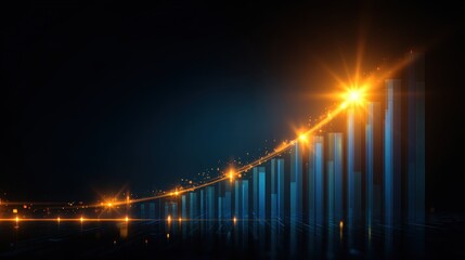 Obraz premium Glowing bar graph showing financial growth and success on a dark background with an upward trending arrow