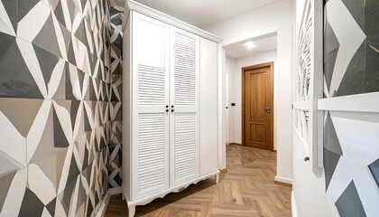 Modern hallway with white wardrobe and geometric wallpaper
