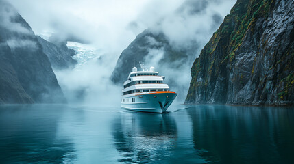 Fototapeta premium Cruise ship navigating through misty fjords with towering cliffs