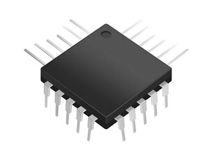 Detailed illustration of a square integrated circuit chip with metallic pins.