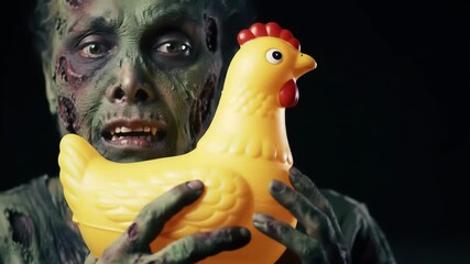 A chilling close-up of an undead being with decaying skin, visible wounds, and a vacant stare, clutching a vividly colored rubber chicken.