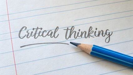 Critical thinking written on lined paper with a blue pencil
