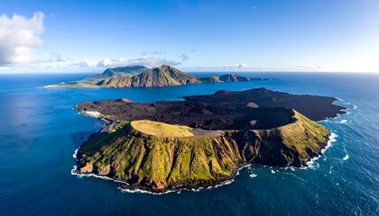 Volcanic islands rise dramatically from a vast expanse of deep blue ocean, showcasing vibrant green vegetation clinging to the rugged, dark lava slopes.