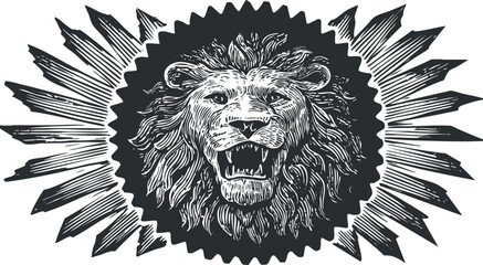 A vintage black and white illustration of a roaring lion head surrounded by a sunburst design.