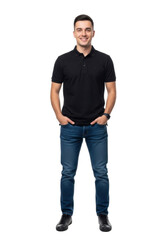 Young caucasian man 20s, dark hair, confident smile, black polo shirt, dark jeans, watch, hands in pockets, transparent studio. E-commerce apparel concept