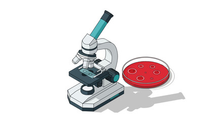 An illustration of a laboratory microscope and a petri dish with bacterial culture on red agar.