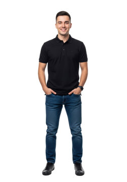 Young caucasian man 20s, dark hair, confident smile, black polo shirt, dark jeans, watch, hands in pockets, transparent studio. E-commerce apparel concept