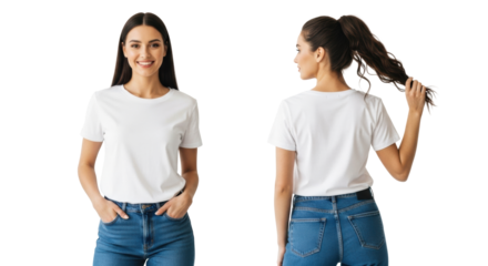 Young caucasian woman, early 20s, long dark hair, in white t-shirt & indigo jeans, relaxed front pose smiling and rear pose looking over shoulder on transparent studio background, commercial t-shirt