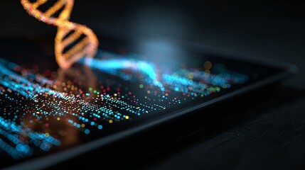 Dynamic DNA helix glows with vibrant data streams on modern digital display