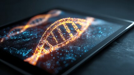 Vibrant DNA helix visualization glowing on futuristic digital tablet screen with bokeh effect