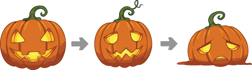 Cartoon illustration of glowing jack o lantern pumpkin progression showing happy carved face turning into sad melting pumpkin, spooky Halloween decoration design concept