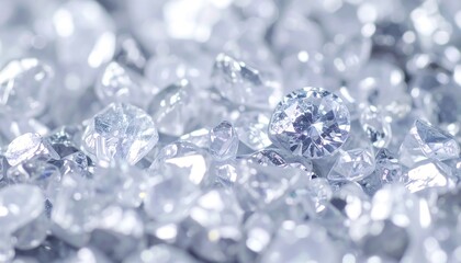 An extreme close-up highlights the brilliance of many tiny cut and faceted transparent gemstones, glittering in a cool blue-white light. Focus is on the central stone