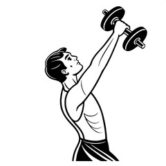 A stylized, simplified silhouette of a young male bodybuilder, shown from the waist up, performing an overhead press with a dumbbell, crisp black-and-white vector look.