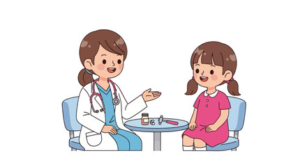 Cartoon doctor consulting with a young girl patient in a medical setting.