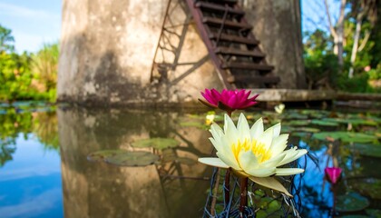 Lotus flowers by old concrete structure