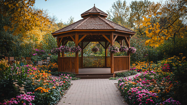 Beautiful wooden gazebo surrounded by vibrant flowers in a tranq