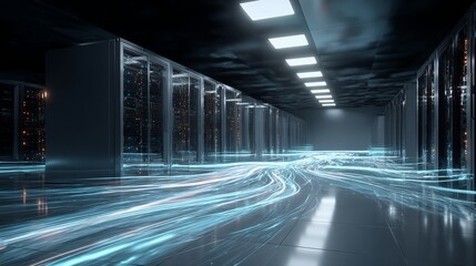 Dynamic data streams flow through futuristic server room creating a sense of high-speed digital innovation