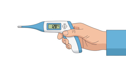 Hand Holding a Digital Thermometer Displaying Temperature.