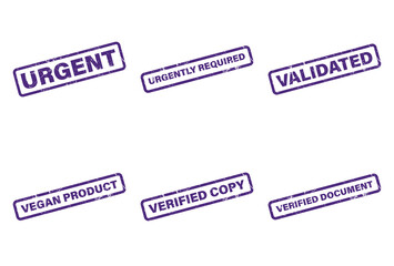 Violet Distressed Rubber Stamps Urgent, Required, Validated, Vegan, Copy,