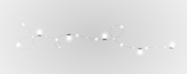 Christmas and New Year glowing garlands of bulbs and lights. Design element for holiday cards, backgrounds, business cards, vector png on transparent background.