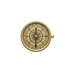 Antique brass compass with intricate wind rose and magnetic needle, polished casing, subtle patina on transparent studio background, flat lay, top-down shot. Concept of navigation and exploration