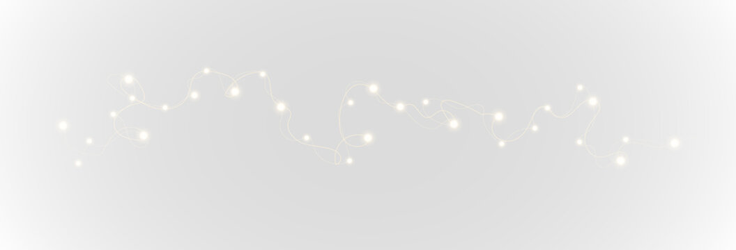 Christmas and New Year glowing garlands of bulbs and lights. Design element for holiday cards, backgrounds, business cards, vector png on transparent background.