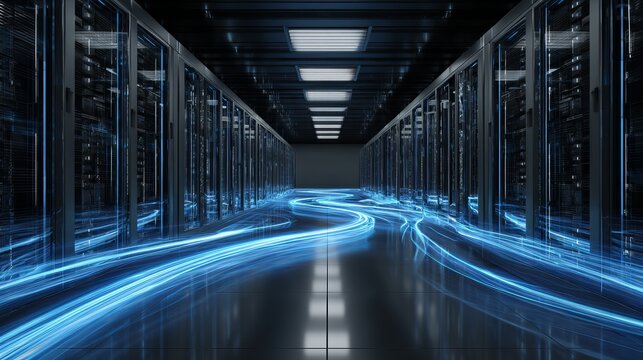Dynamic data stream flowing through futuristic server room, representing high-speed connectivity and innovation.