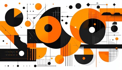 Obraz premium A vibrant abstract composition featuring layered geometric shapes in bold orange and black, set against a clean white background.