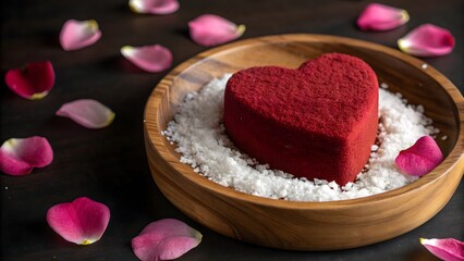 Heart shaped red velvet cake with rose petals for Valentines Day