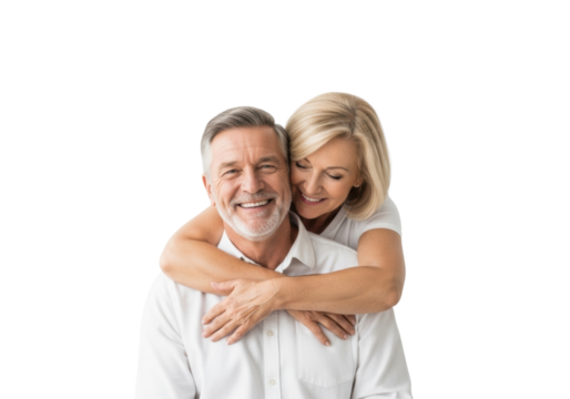 Mature caucasian couple, early 60s, in white casual tops, woman embracing man from behind, both smiling, on a transparent studio background, soft studio lighting. Concept of profound mutual