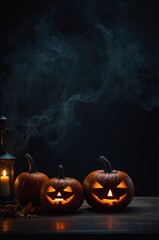 Decoración de Halloween minimalista con calabazas encendidas y humo, fondo oscuro y espacio de copia, otoño