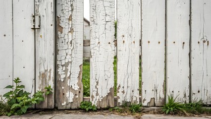 Rustic white wooden fence with peeling paint and overgrown grass