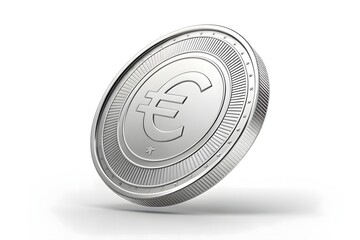 Silver Euro Coin Standing Isolated on White Background Close Up Shot
