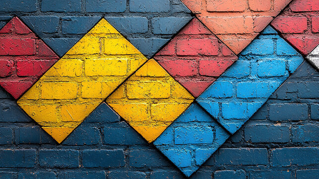 Colorful geometric shapes create a vibrant urban mural on a bric